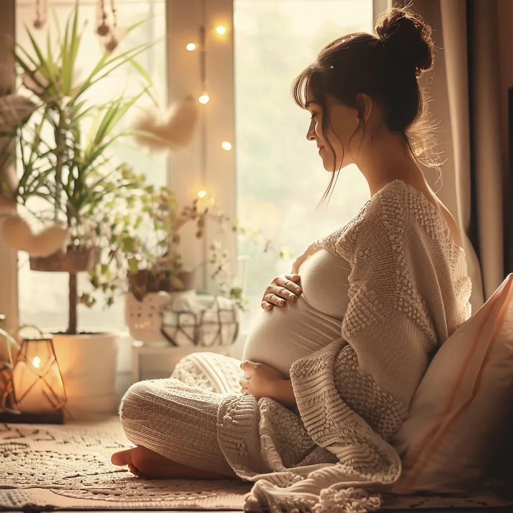 Pregnant woman sitting peacefully by the window, holding her belly — representing NIPT test safety and prenatal care for expectant mothers in Dubai