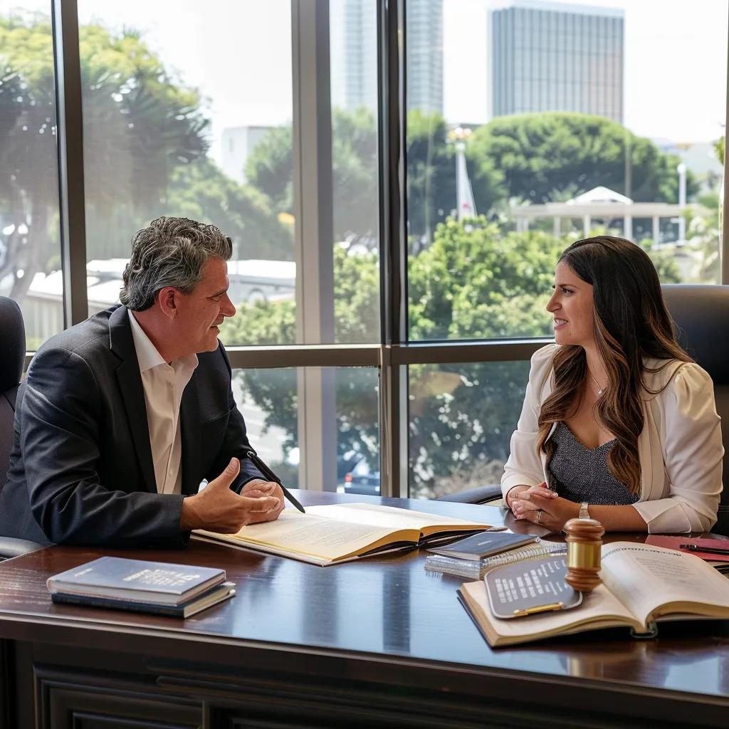 Attorney explaining legal concepts to a client during a divorce consultation in a modern office