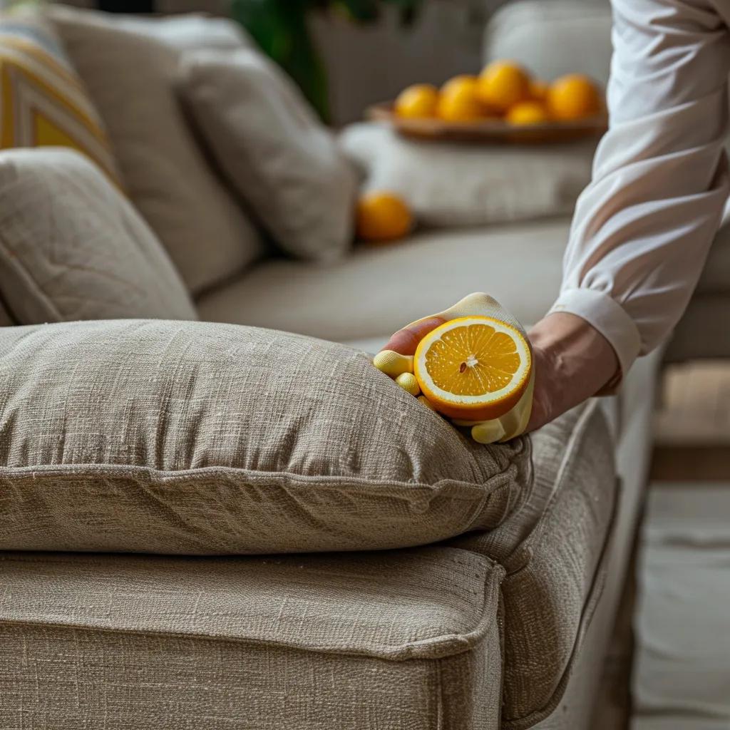 Technician cleaning a sofa with eco-friendly solution, highlighting upholstery care