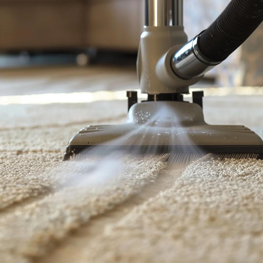 Steam cleaning method in action on a carpet, demonstrating effective carpet care