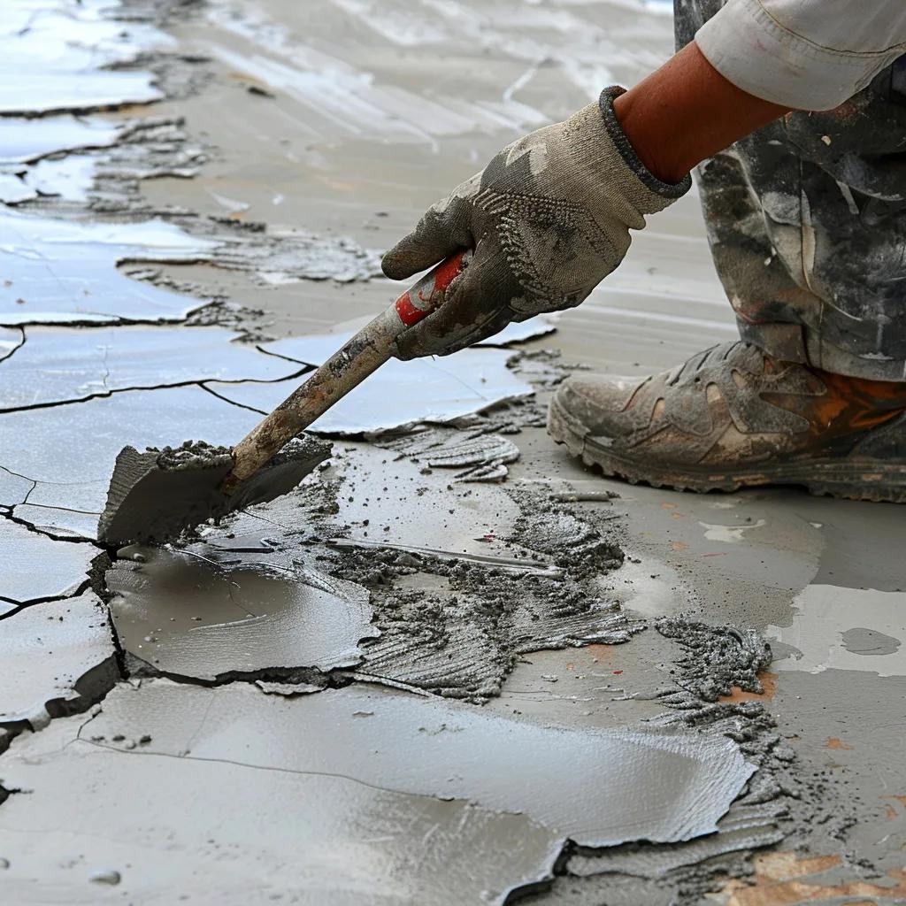 Skilled worker applying polymer-enhanced overlay to a damaged concrete surface during repair process