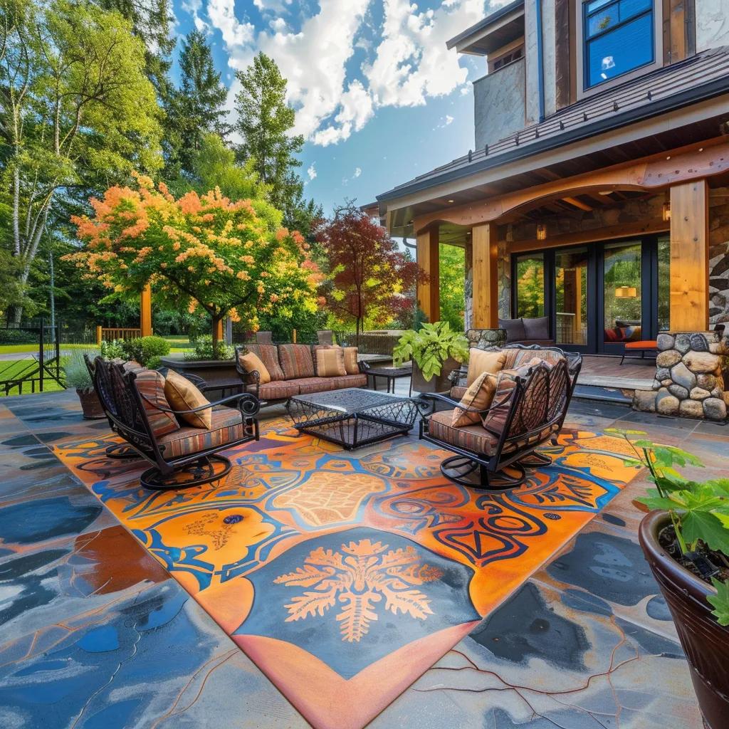 A beautifully crafted decorative concrete patio featuring intricate patterns and rich colours, elevating outdoor living areas