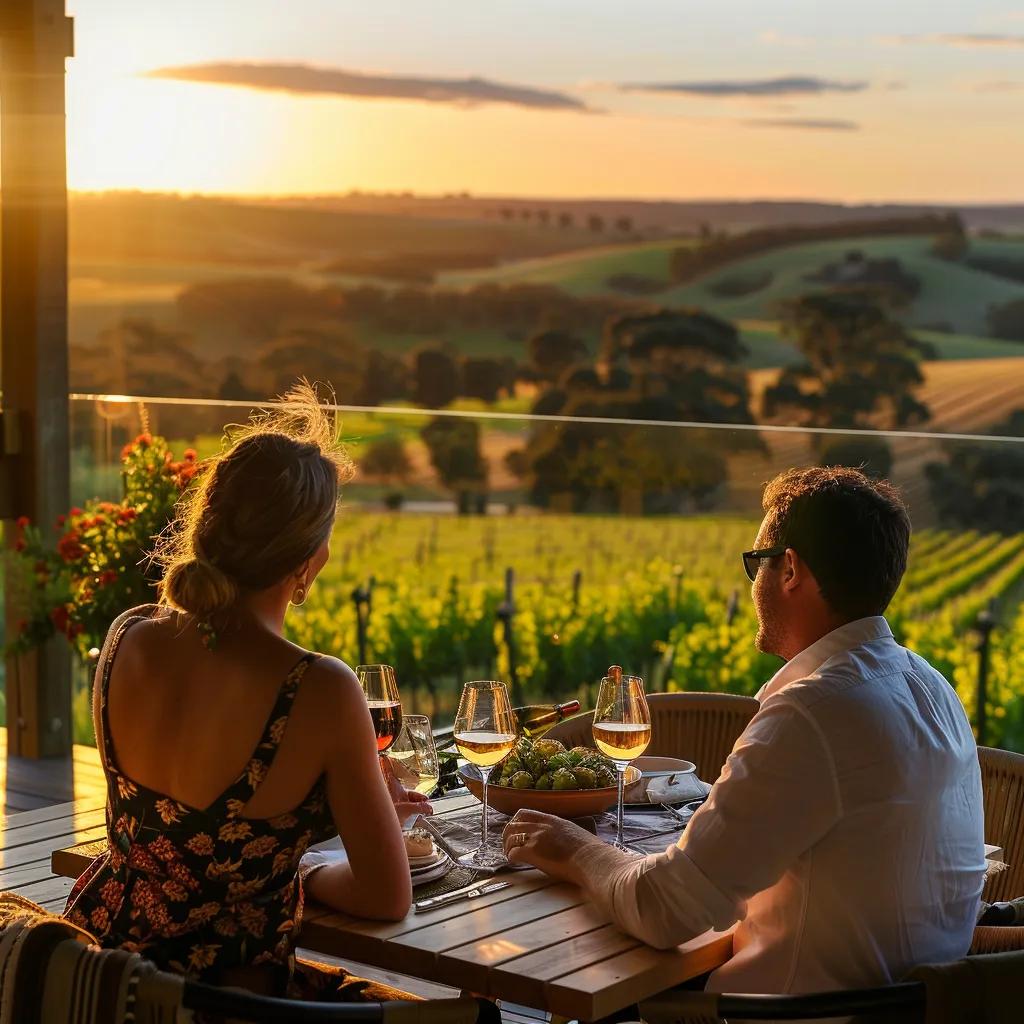 A couple enjoying a delightful wine tasting experience at Fowles Wine, with stunning vineyard views.