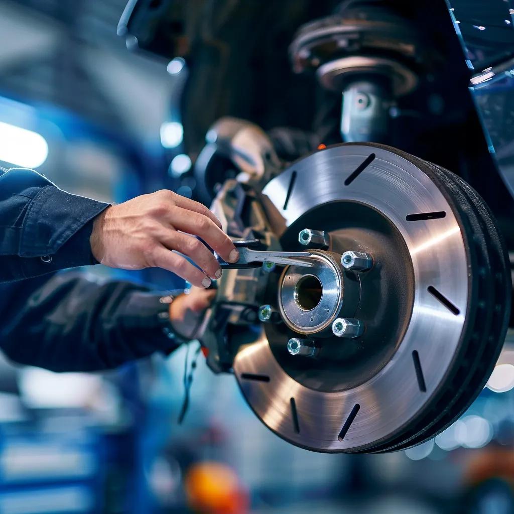 A mechanic carefully inspecting brake components as part of the brake repair process