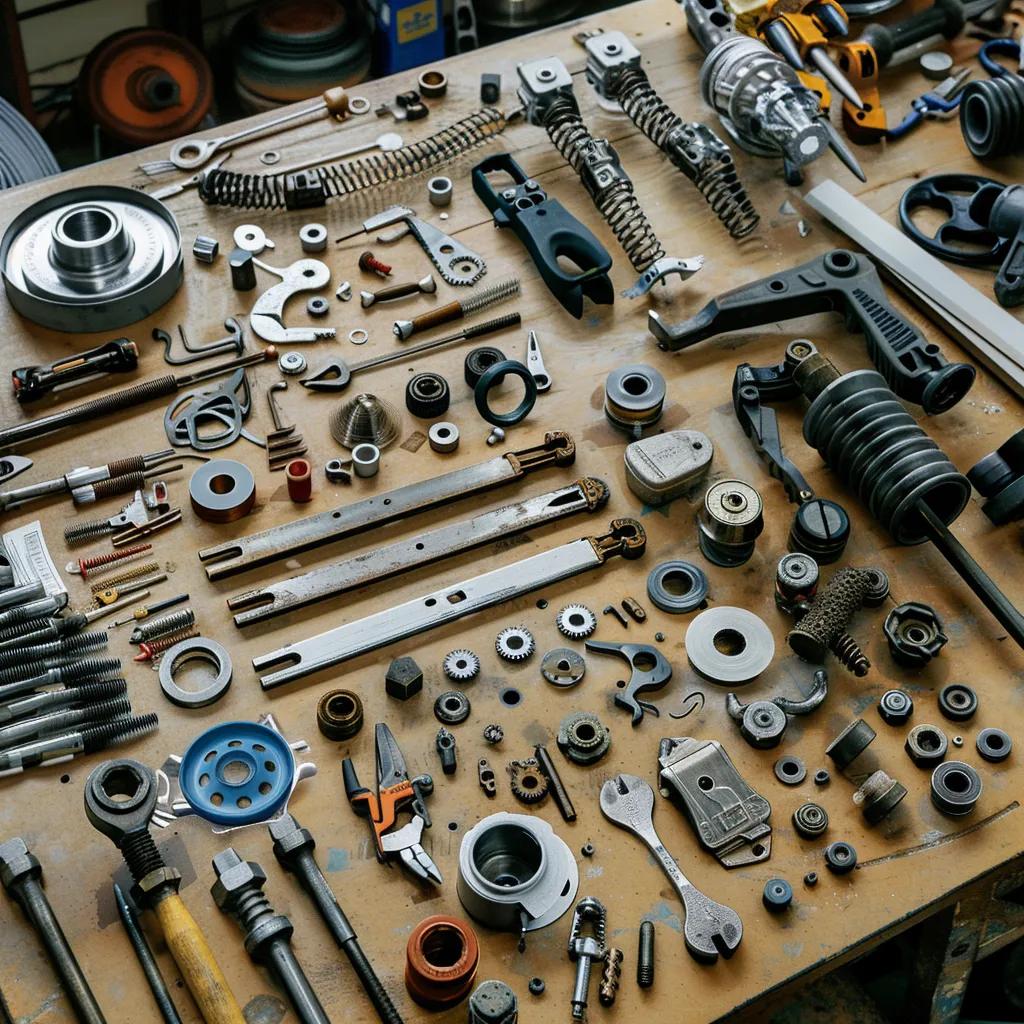 A collection of car parts and tools, symbolising the mechanical repair services offered at an automotive workshop