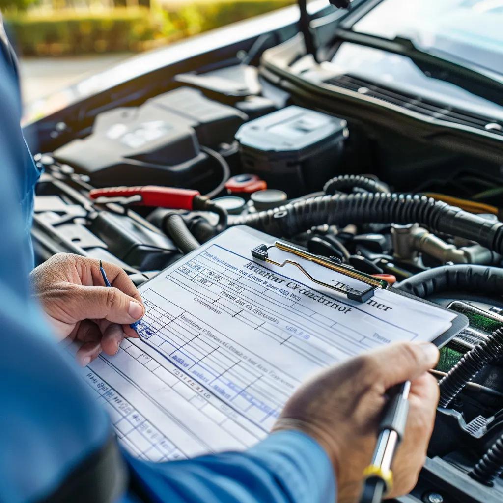 Checklist of preventative maintenance tasks for car air conditioning on a car hood