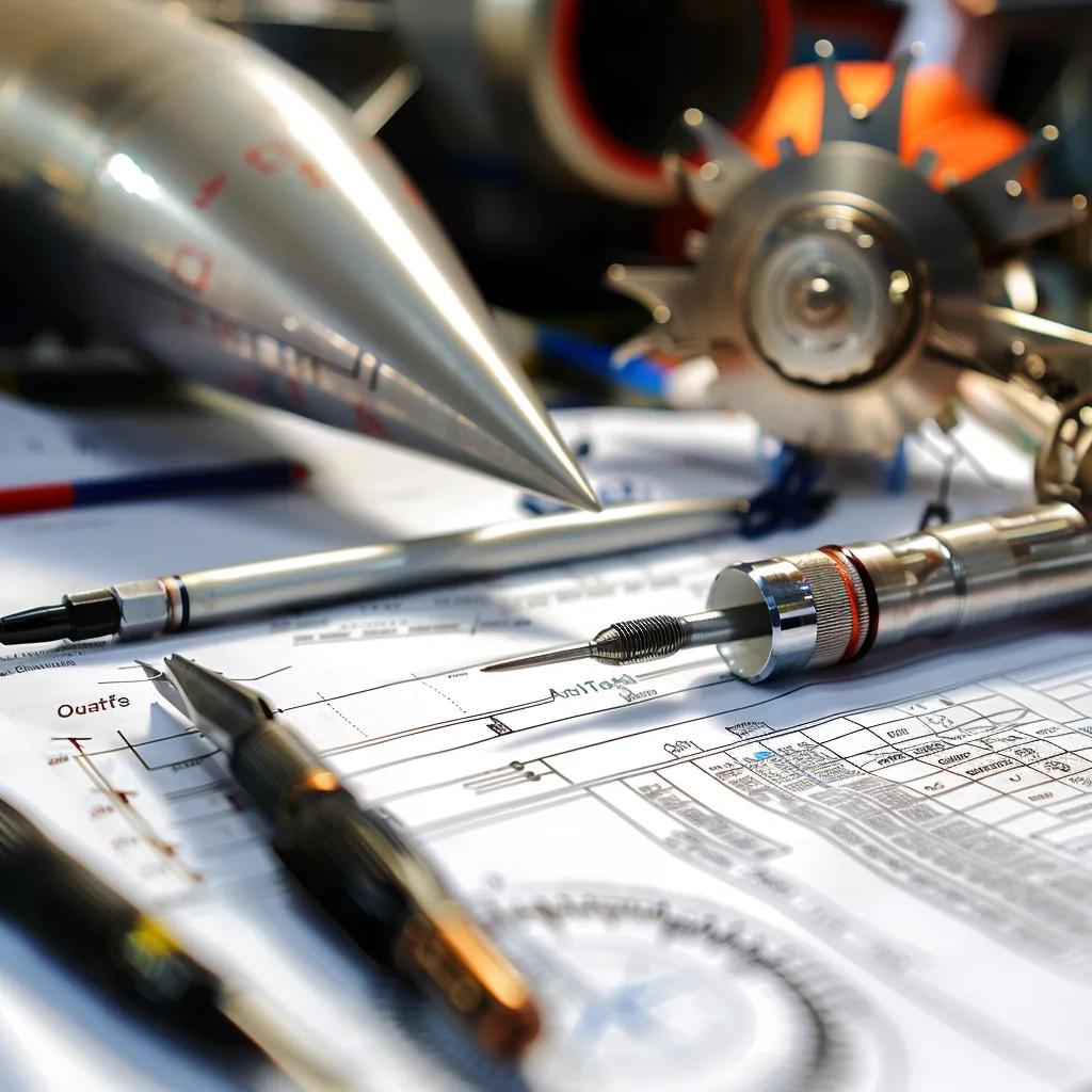 Detailed view of a quality management system document alongside aerospace components in a manufacturing setting