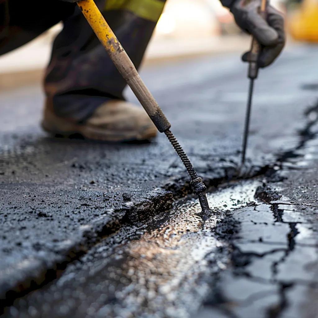 Close-up of driveway repair techniques, including epoxy injection and resurfacing methods