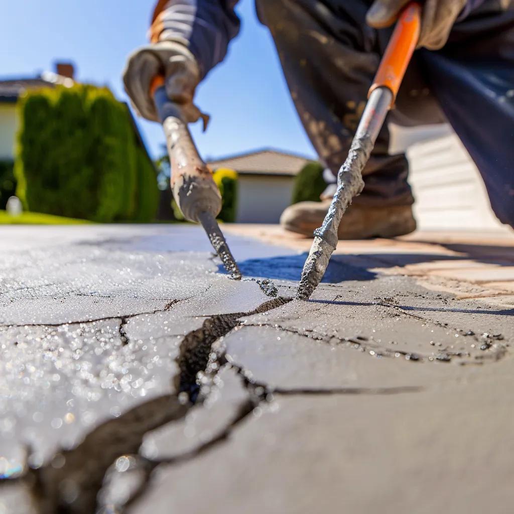 Contractor meticulously repairing a driveway in Berwick as part of the concrete reinstatement process