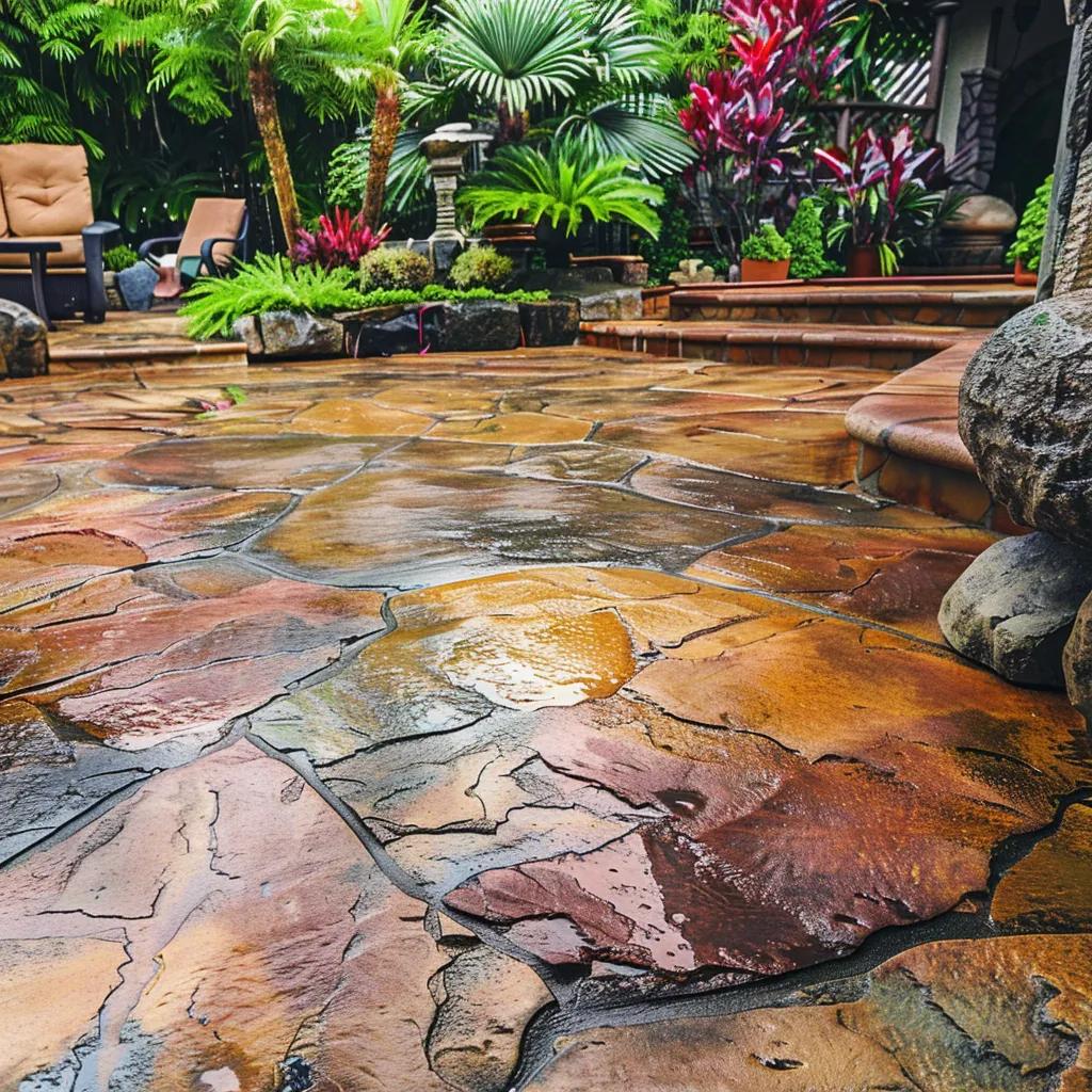 Various patio reinstatement options, showcasing decorative overlays and stamped patterns