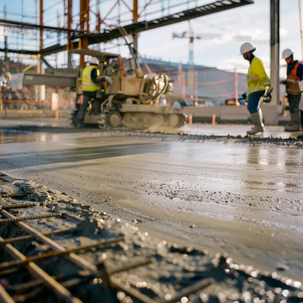 Commercial concrete project with workers laying a large industrial slab for a factory floor