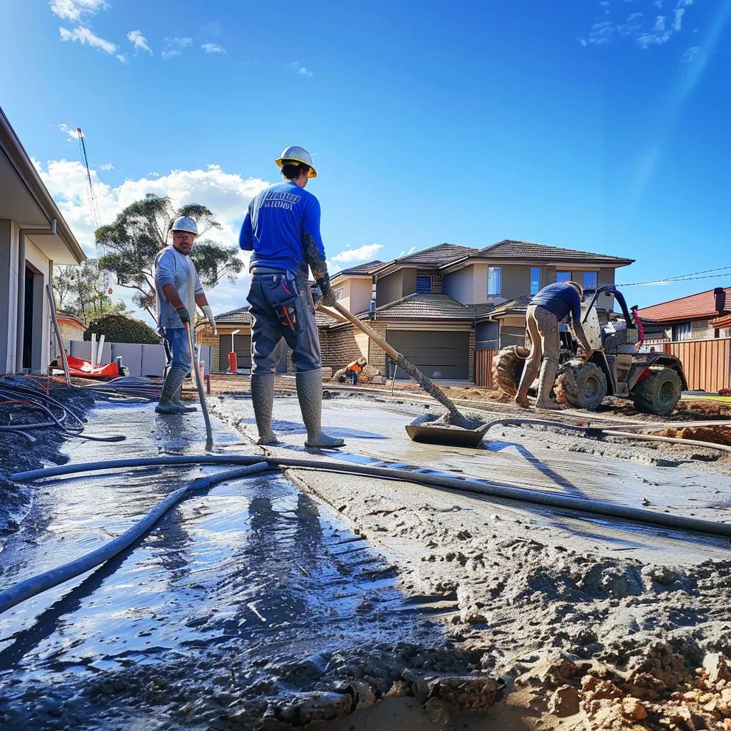 Berwick concrete construction site with skilled tradespeople pouring concrete for a residential driveway