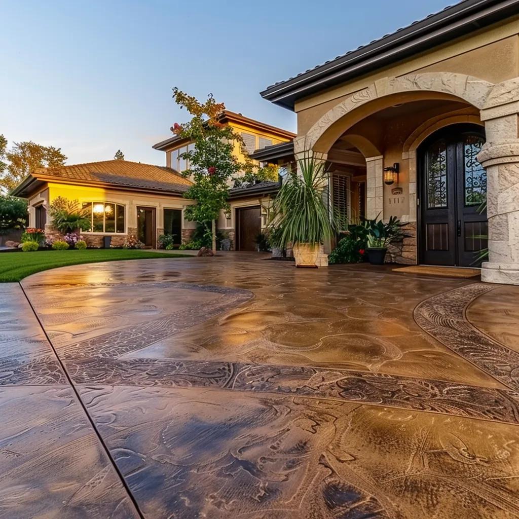 Beautifully finished concrete patio and driveway showcasing various styles in a residential setting