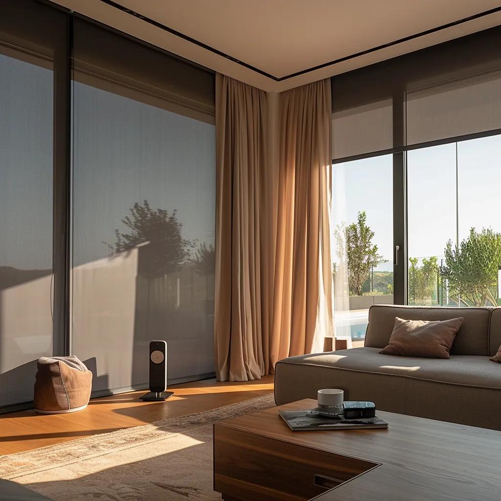 Modern living room with motorized blackout curtains enhancing convenience and energy efficiency