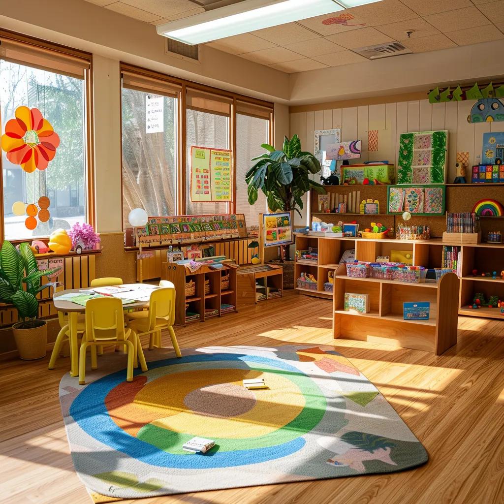 A preschool classroom thoughtfully set up for school readiness, showing children engaged in learning activities alongside a supportive teacher