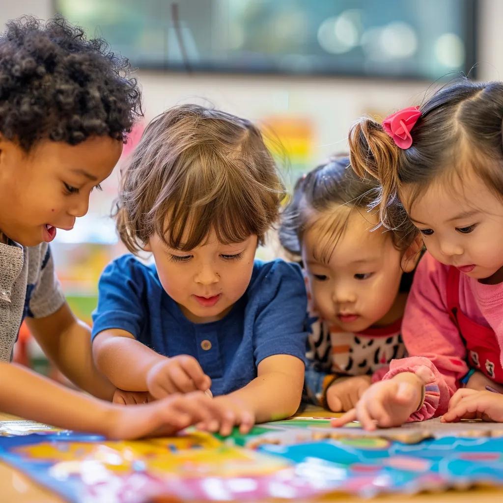 Children working together in a vibrant day care setting, highlighting early childhood education and leadership development