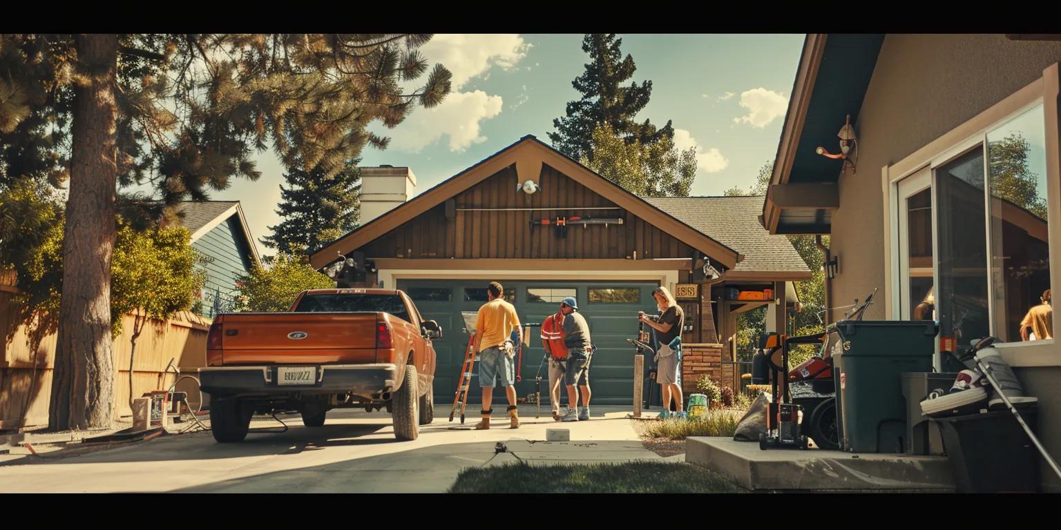 Group of technicians installing a garage door at a residential property, featuring a pickup truck and tools, emphasizing professional garage door installation services in a suburban setting.