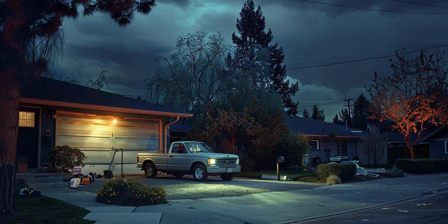 Garage at night with a lit garage door, a parked silver pickup truck in the driveway, and residential setting emphasizing home security and functionality.
