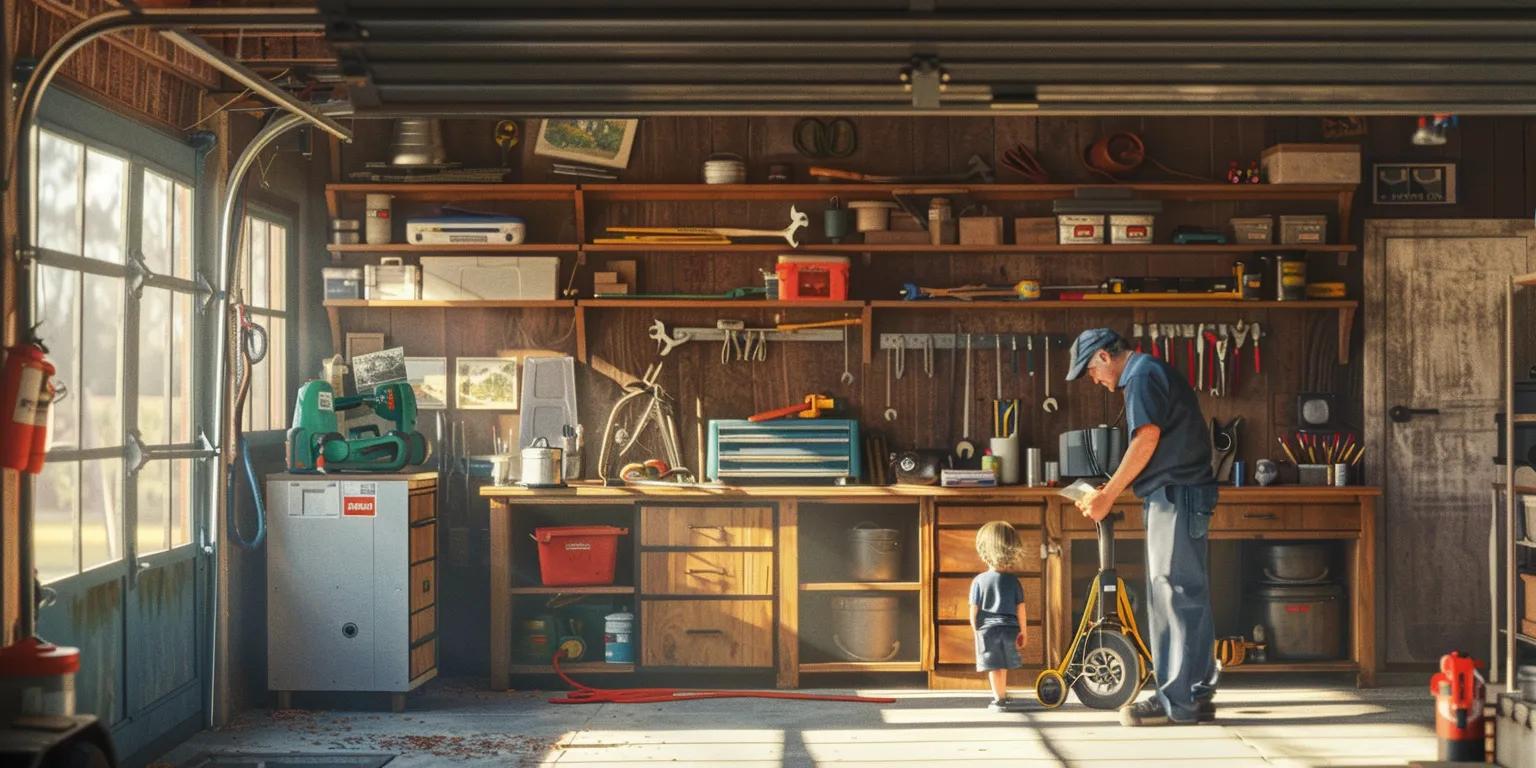 Man working in a garage with tools and equipment, demonstrating a hands-on approach to home maintenance and repair, relevant to garage door installation and repair services.