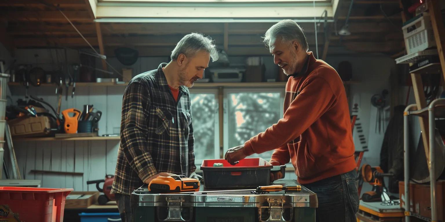 Two men collaborating in a garage, examining tools and equipment, emphasizing teamwork and hands-on approach to garage door installation and repair services.