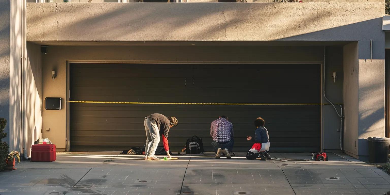 Technicians installing a garage door, measuring and preparing for precise installation, with tools and equipment visible in front of a modern garage in Fort Myers.
