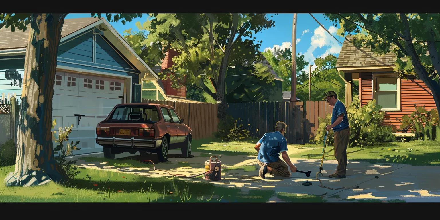 Men working on garage door installation in a residential yard, surrounded by trees and a parked car, showcasing expert craftsmanship and attention to detail.