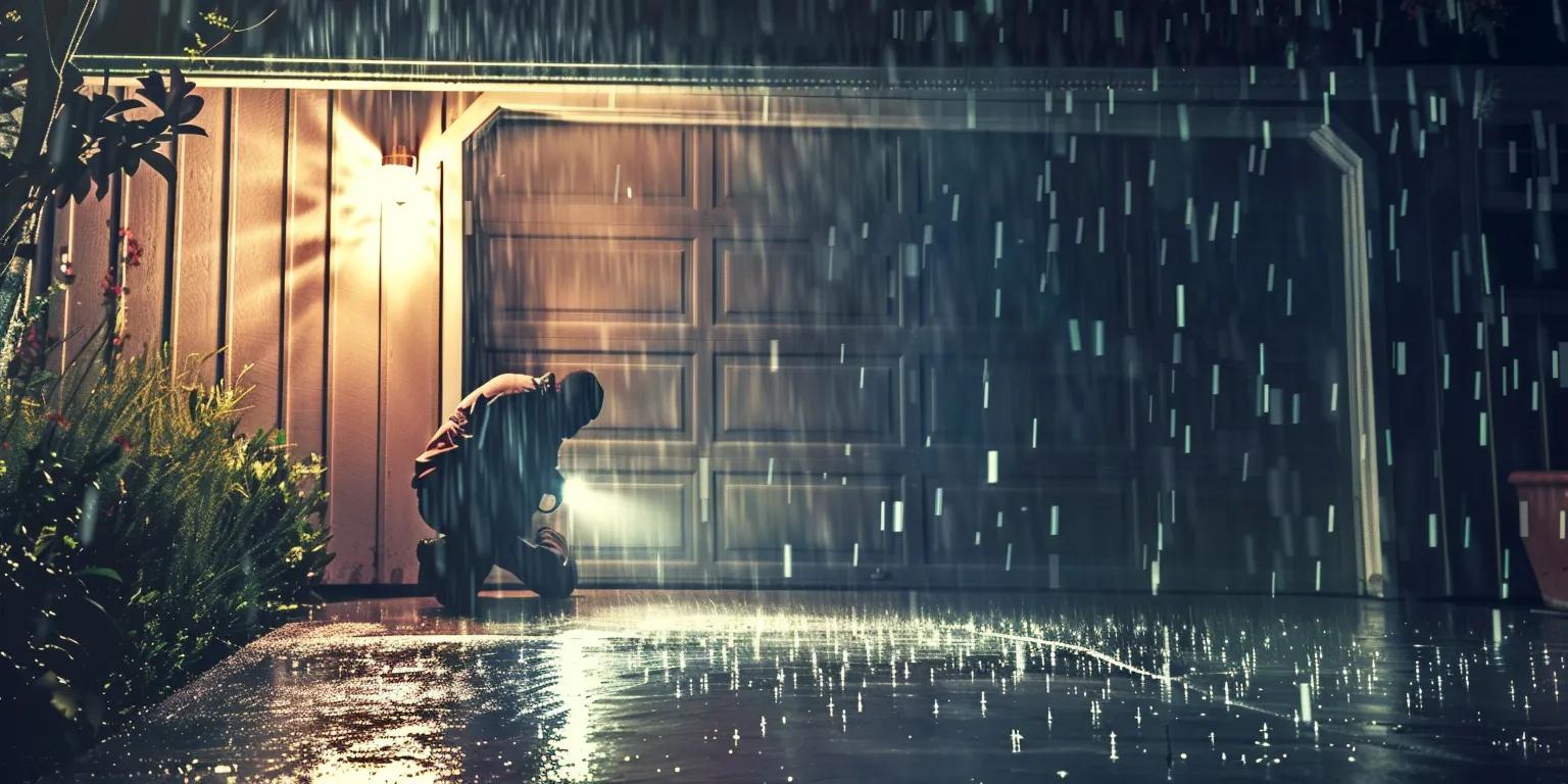 Person kneeling in rain with flashlight inspecting garage door, emphasizing emergency repair services in Fort Myers.