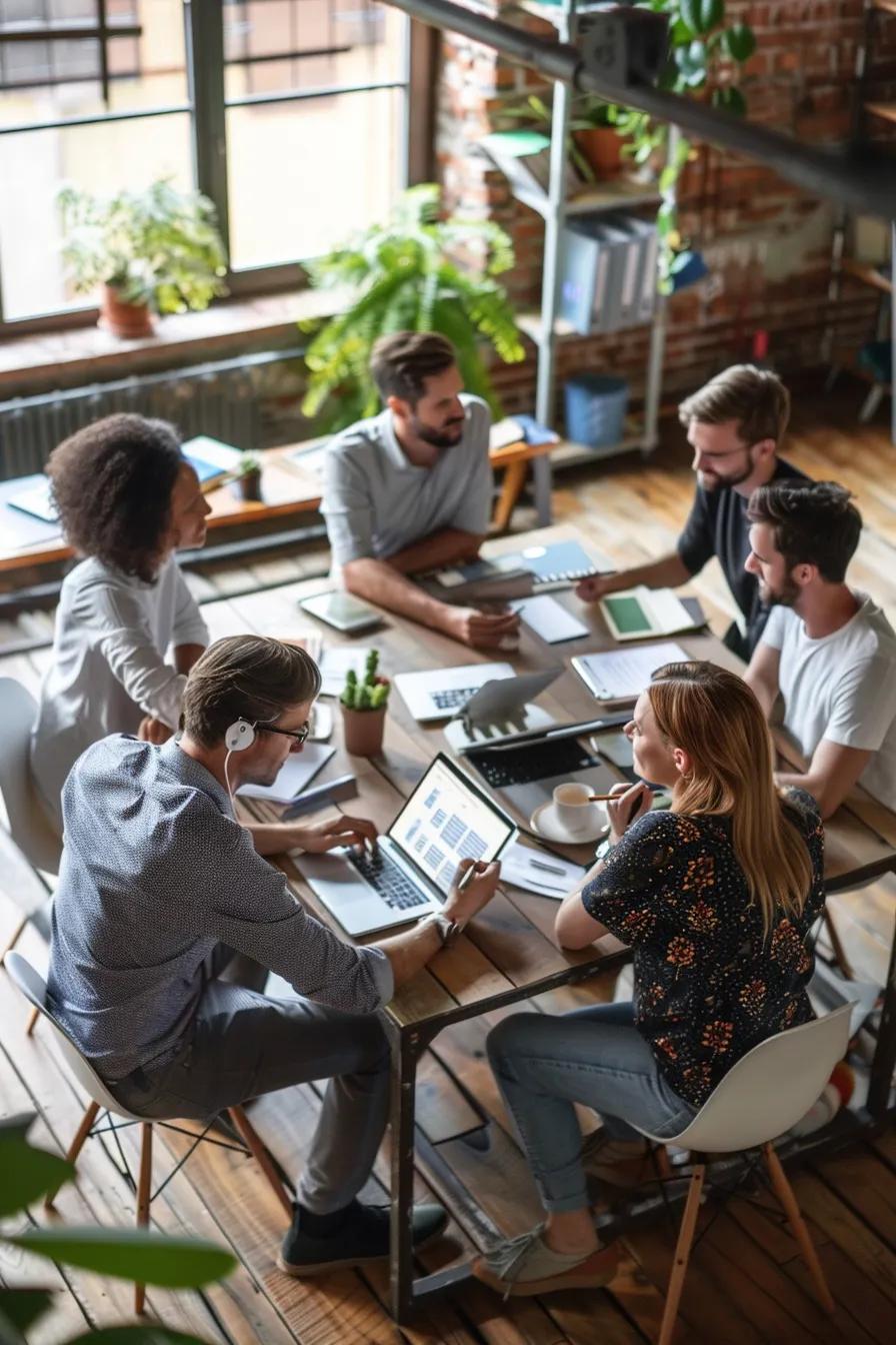 Team brainstorming HVAC content marketing strategies in an office setting Team brainstorming HVAC content marketing strategies in an office setting