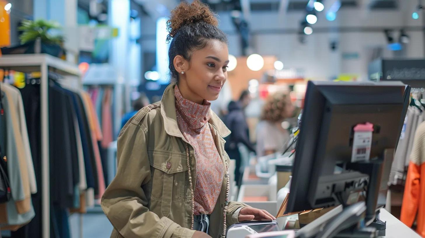 Pictures of store associates at a fashion store using RFID and barcode systems for different applications like inventory management and for check-outs