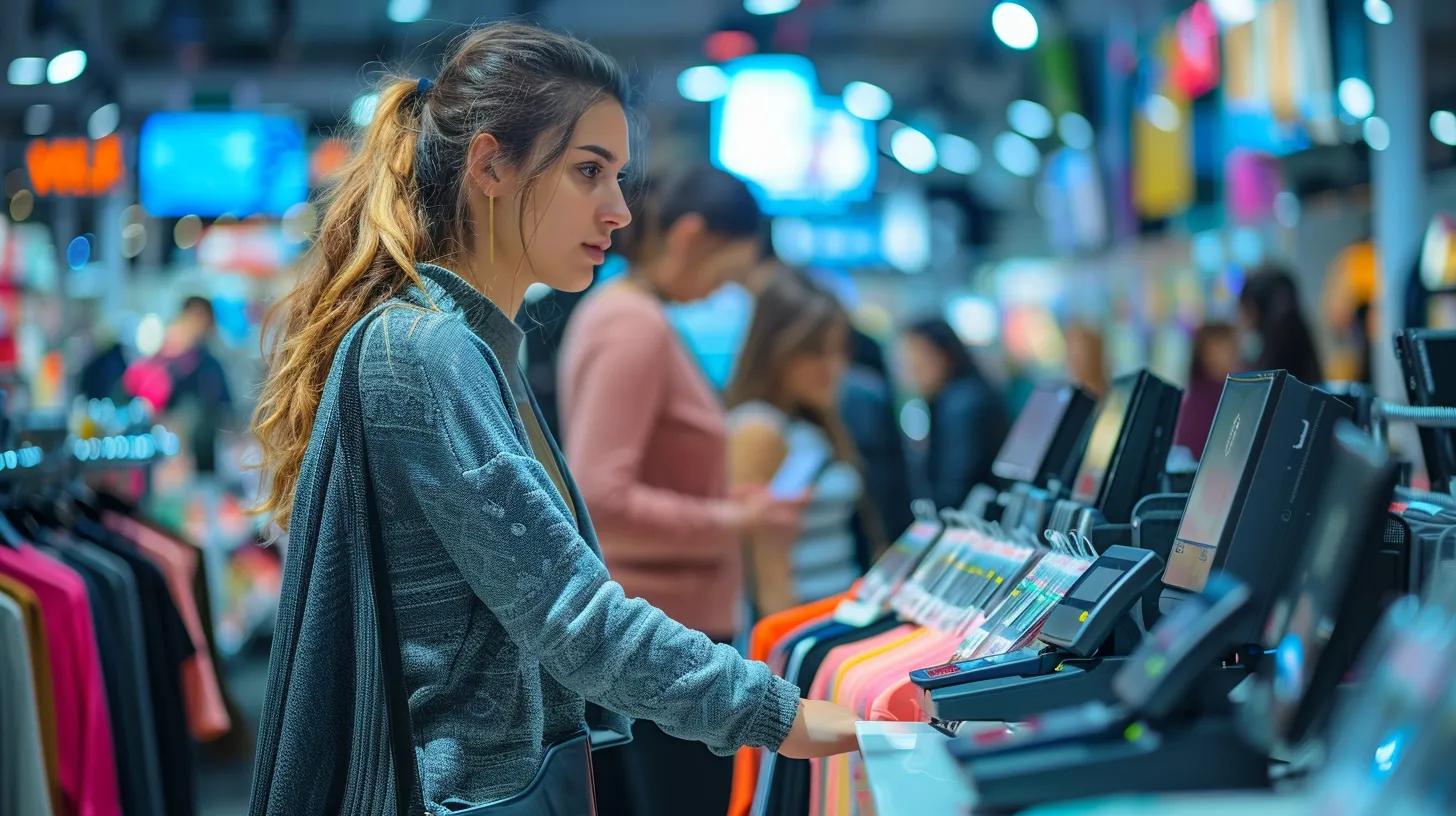 Pictures of store associates at a fashion store using RFID and barcode scanners for different applications like inventory management and for check-outs
