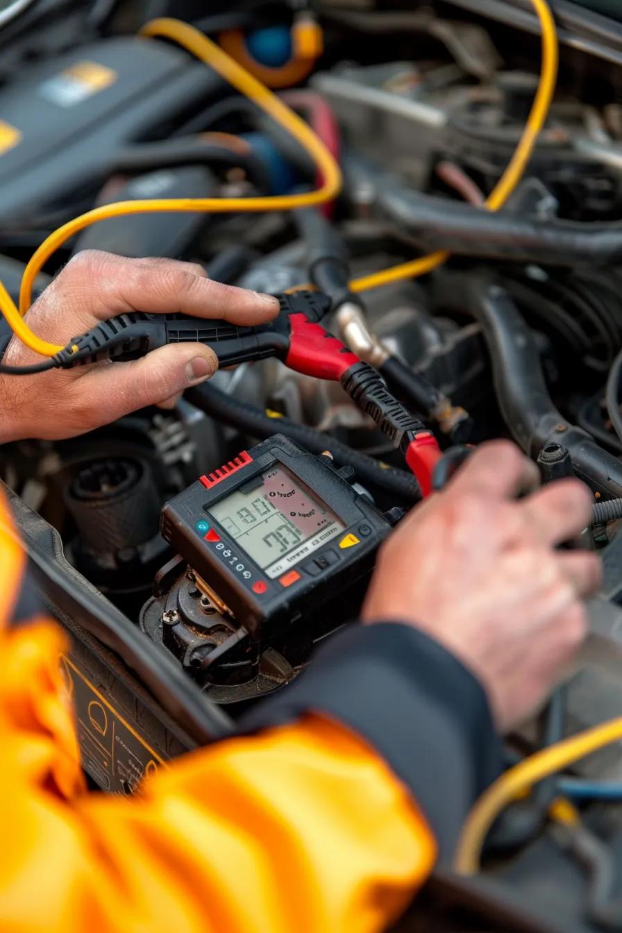 Auto electrician using a multimeter to test a car battery's condition