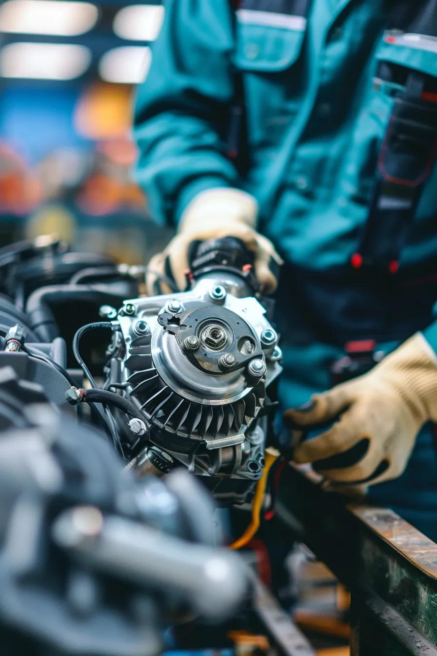 Automotive technician carefully inspecting an alternator and starter motor on a workbench