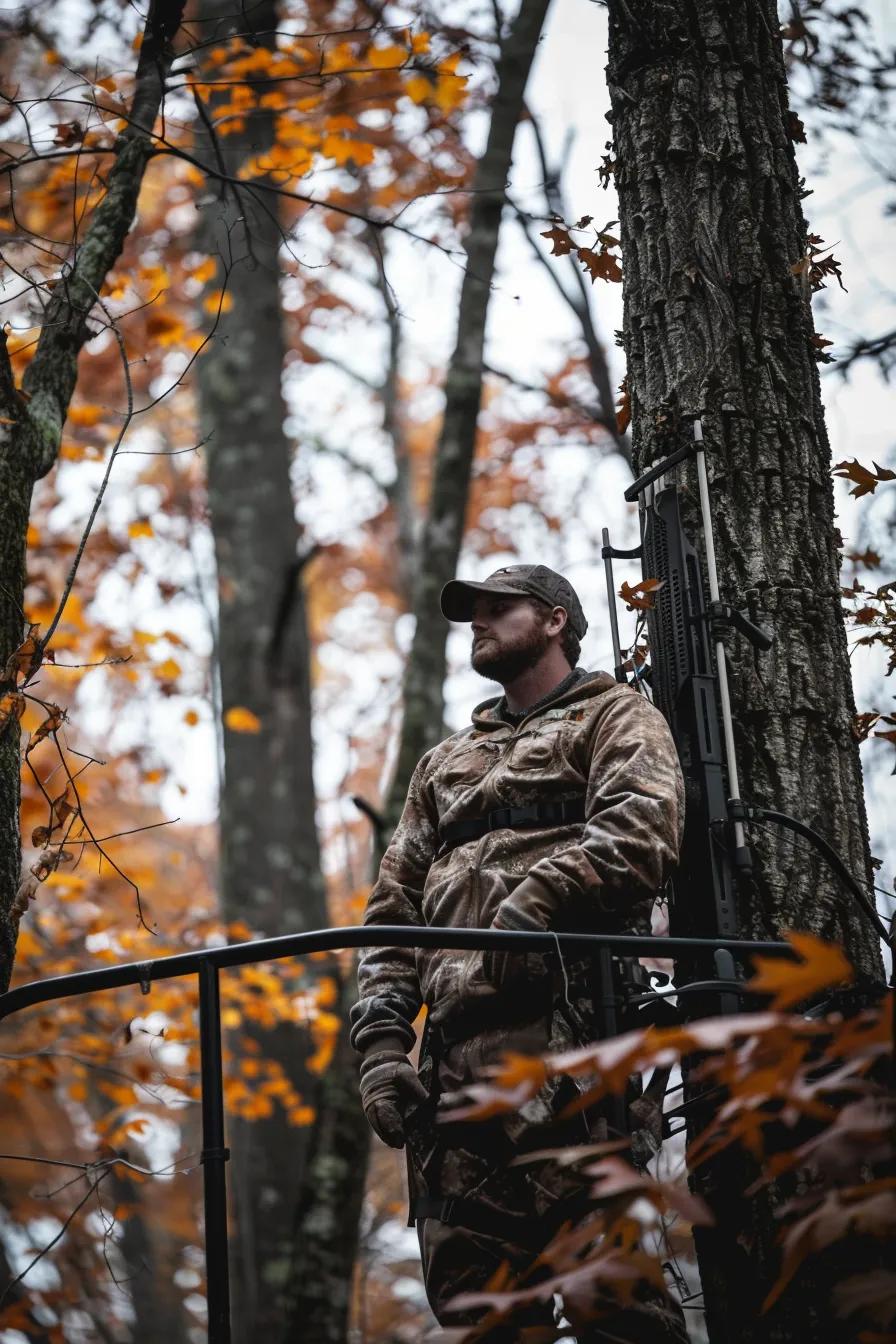 Hunter in a tree stand during peak hunting season in Ohio, emphasizing the thrill of whitetail hunting