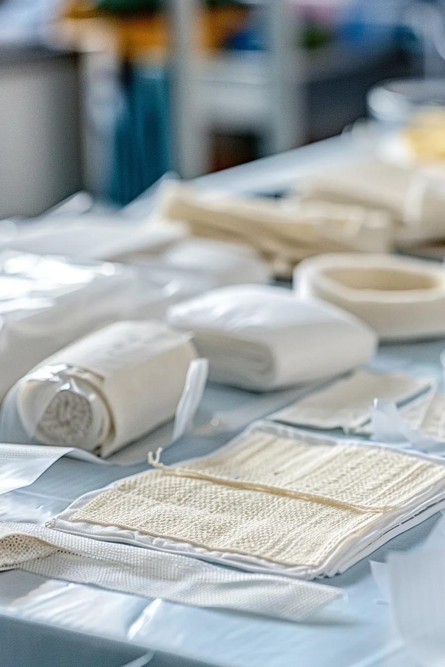 Various advanced wound dressings and treatment options for chronic wounds displayed in a clinical setting Various advanced wound dressings and treatment options for chronic wounds displayed in a clinical setting