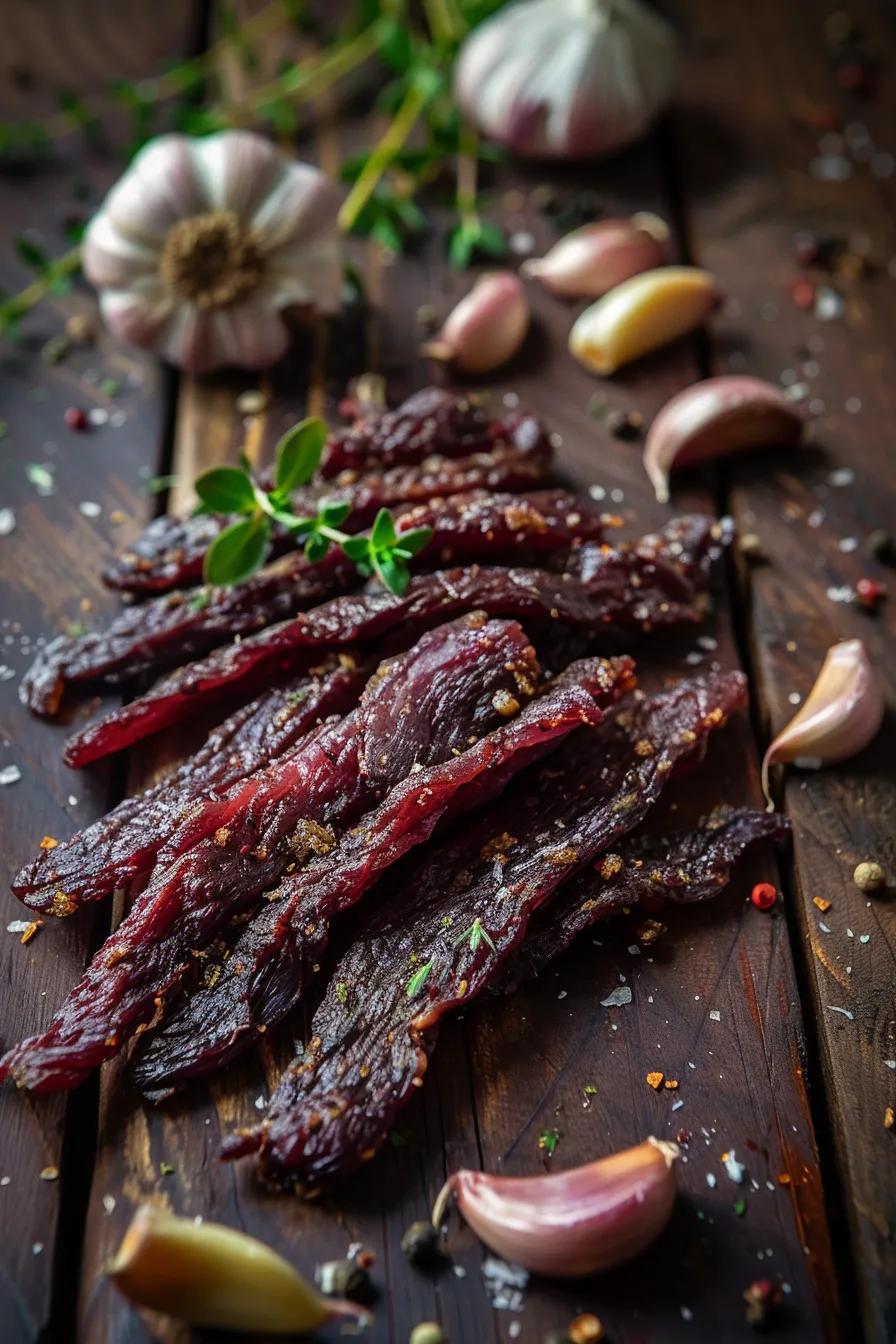Homemade roasted garlic beef jerky arranged artfully on a rustic wooden surface, surrounded by fresh garlic cloves and aromatic herbs