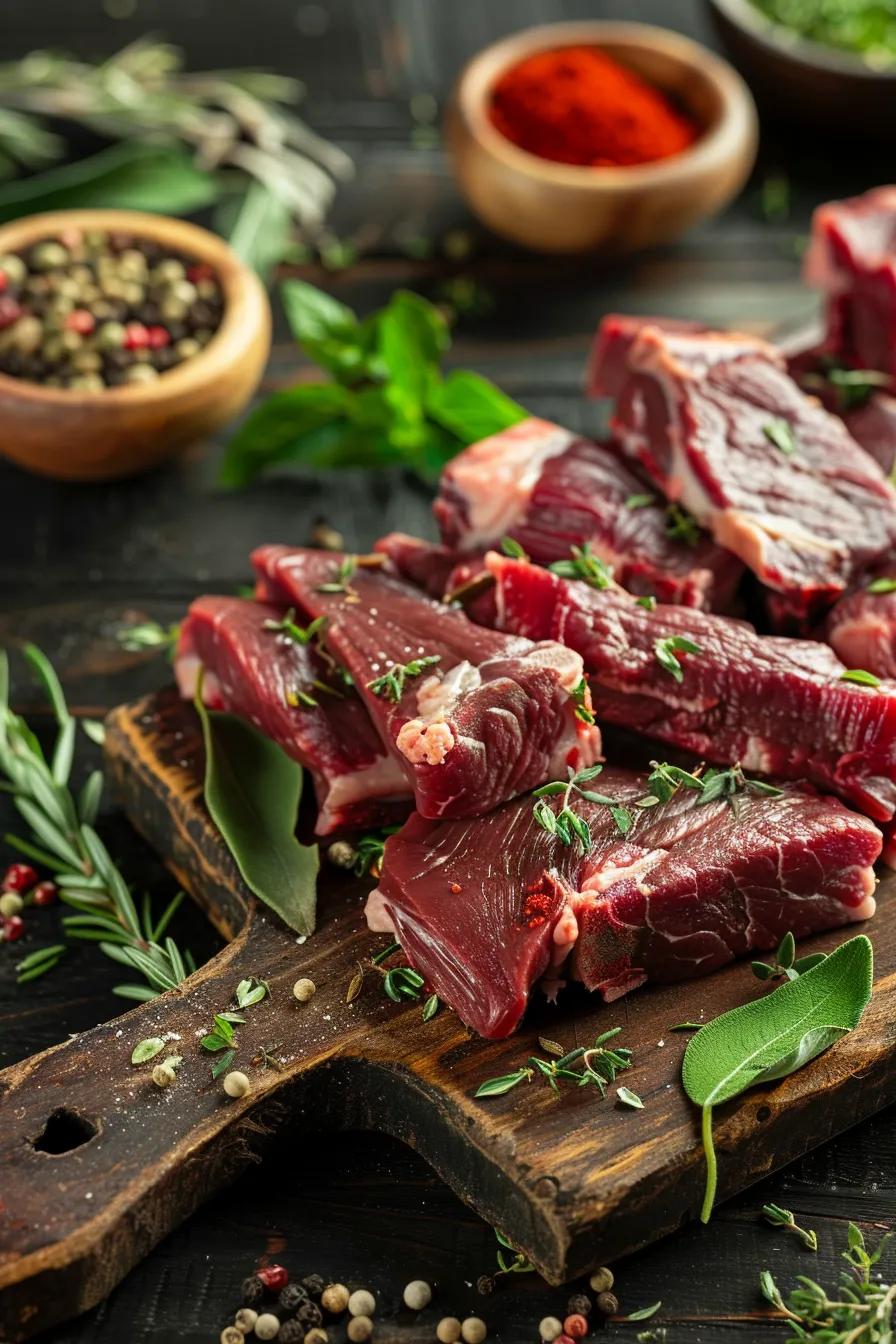 A selection of prime beef cuts perfect for jerky making, displayed on a butcher block alongside fresh herbs and spices