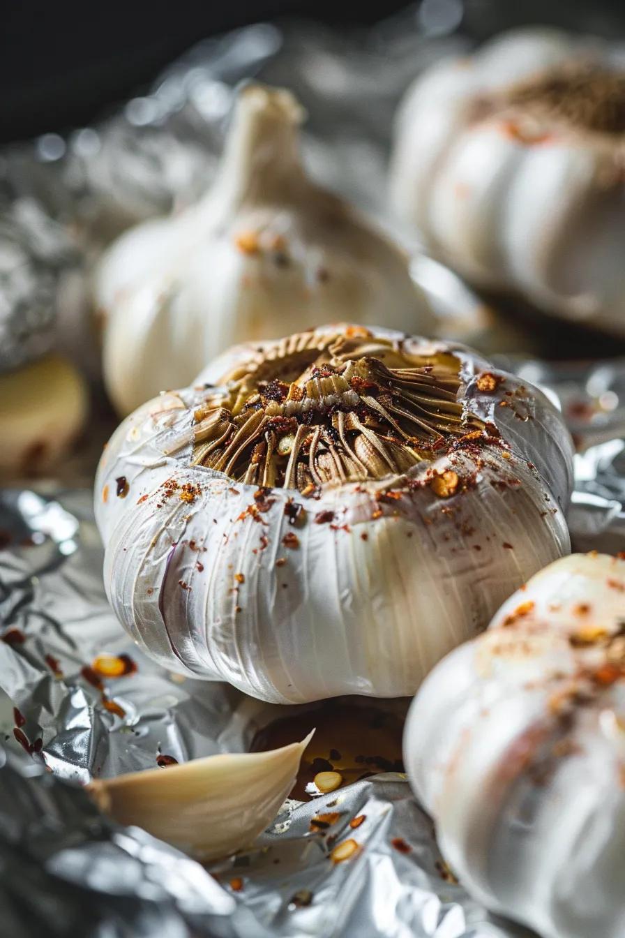 Garlic cloves roasting to a beautiful caramelization in foil, showcasing the development of rich, deep flavors