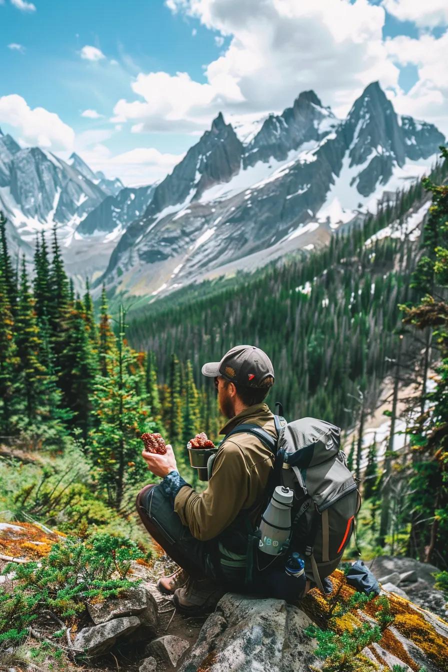 A hiker happily munching on beef jerky amidst a stunning natural landscape, highlighting the snack's energy-boosting power for outdoor adventures.