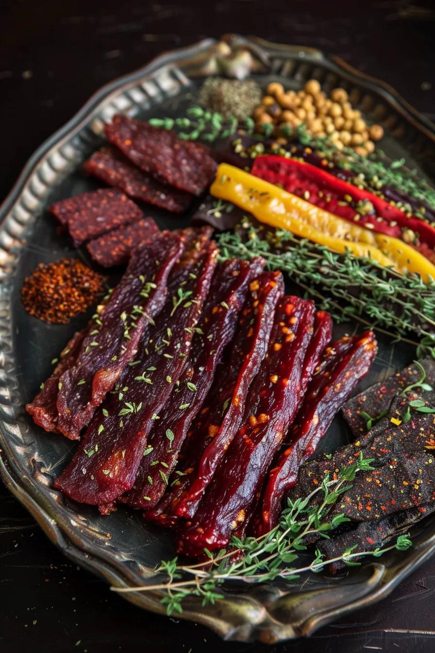 A stunning display of various gourmet beef jerky flavors arranged on a platter, adorned with fresh herbs and spices, inviting a journey of taste exploration.