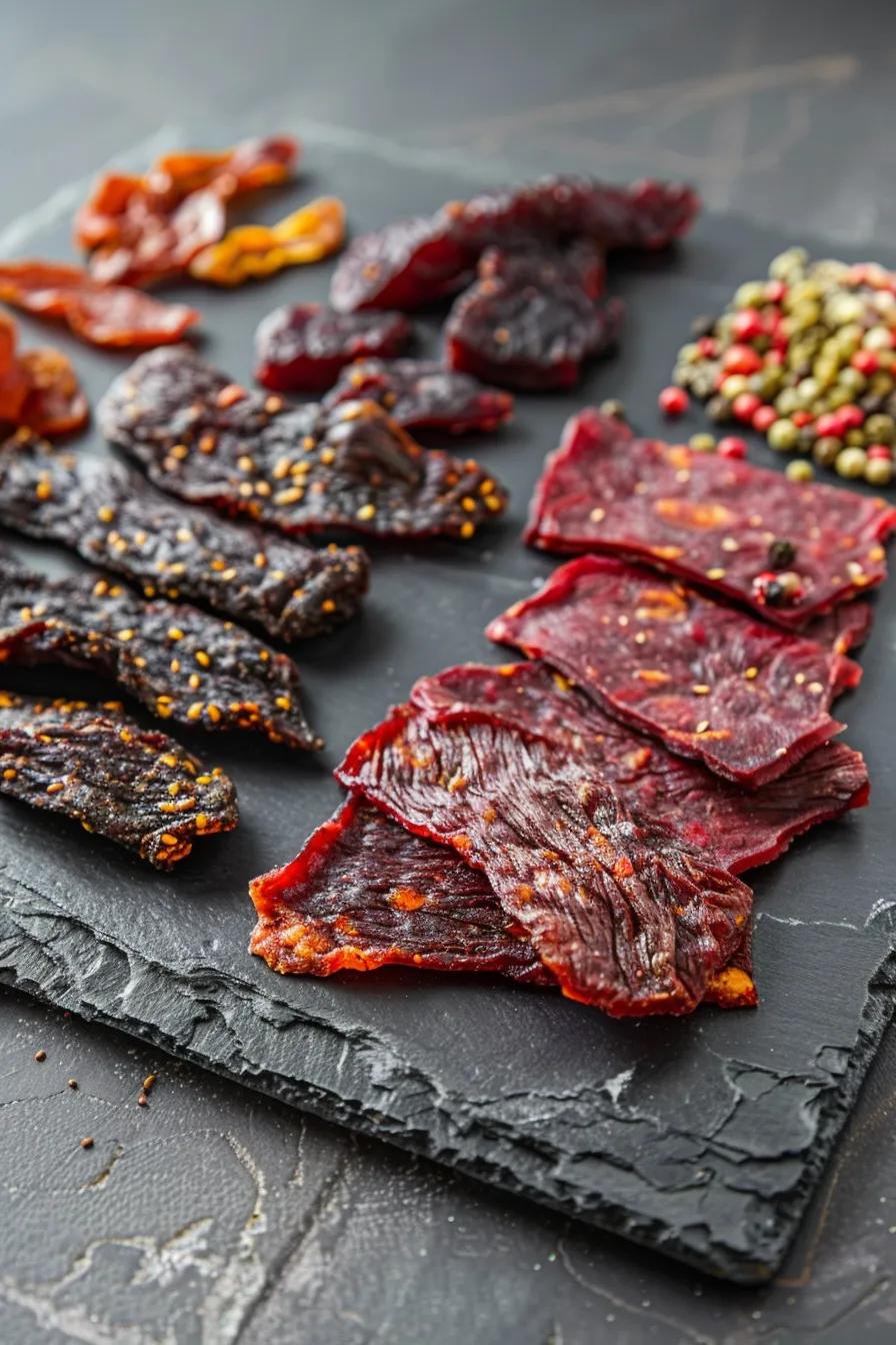 Artisan beef jerky flavors displayed on a slate platter showcasing diversity in taste