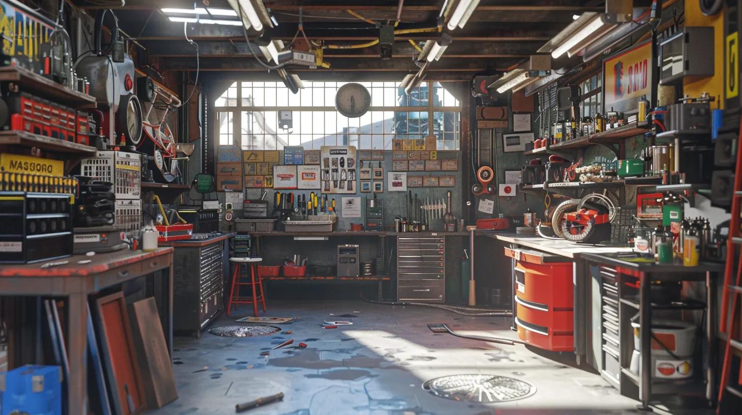 A hyper realistic mechanic shop in the UK. No text, logos, humans or animals