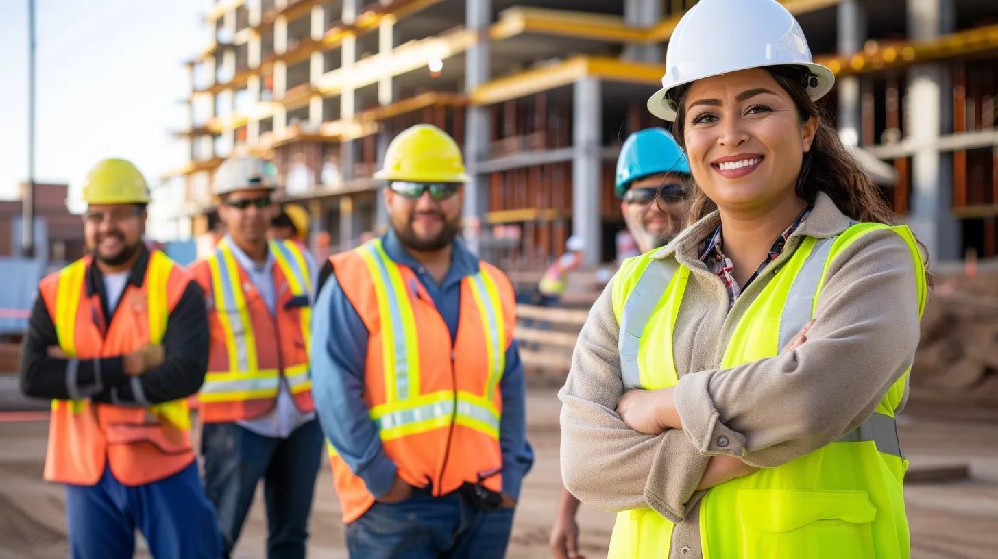 A professional-looking photograph of a team of diverse construction workers, including a female project manager, standing confidently at a construction site in Oklahoma City. The background shows a mix of residential and commercial buildings under construction. The team members are wearing hard hats and safety vests, smiling and looking toward the camera. The image should convey professionalism, teamwork, and local expertise. The lighting is bright and clear, reflecting a sunny day.