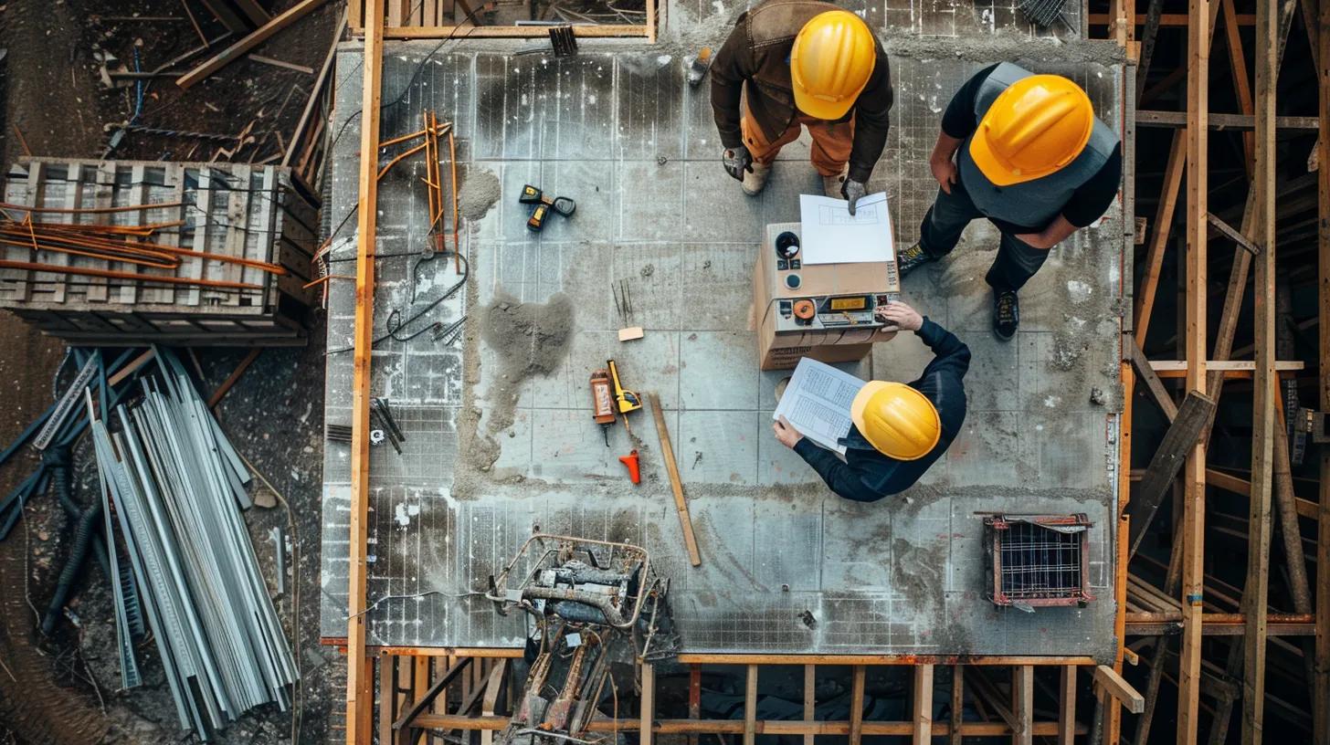 An overhead, wide-angle shot of a construction site with various activities happening simultaneously. Show a general contractor (wearing a hard hat and holding a blueprint or tablet) speaking with a drywall installer and a metal framer. The image should visually represent the coordination and complexity of a project being managed by a single professional.