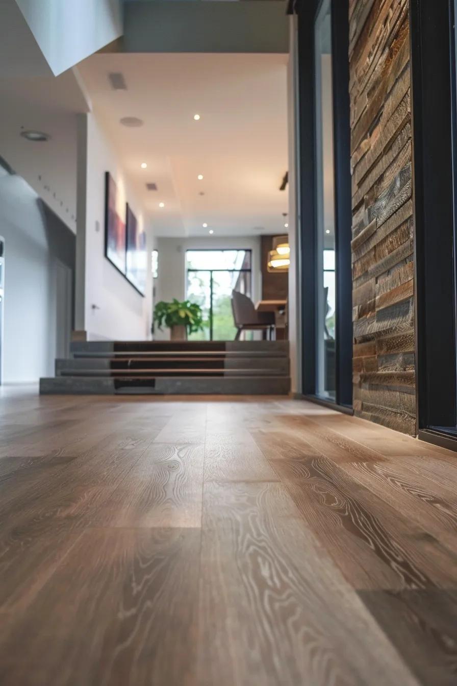 A beautifully laid floor in a contemporary home, showcasing a mix of laminate and engineered wood styles