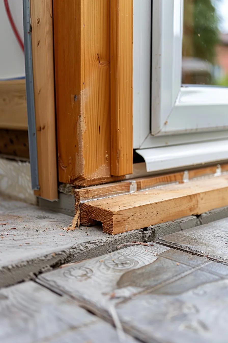 A detailed view of a wooden door threshold being installed in a doorway, highlighting its role in insulation and moisture protection.