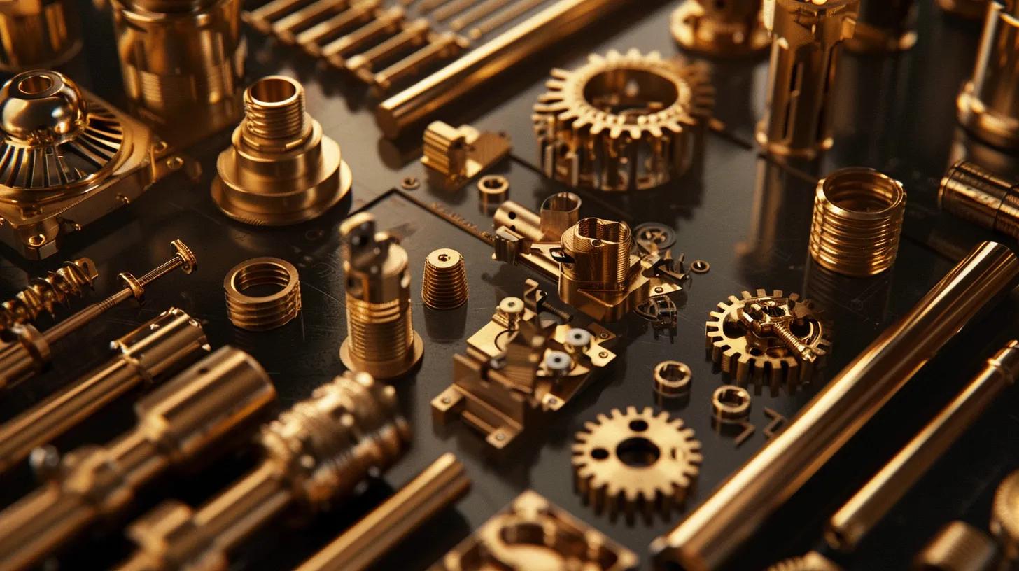 A high-end, close-up shot of intricately gold-plated mechanical components and decorative objects (like luxury hardware, ornate metal fixtures, or precision tools) laid out on a dark, reflective surface. Soft, professional lighting highlights the luster and quality of the gold plating. The background should subtly suggest a premium UK-based workshop or industrial setting, with hints of precision, craftsmanship, and metallic textures. No people or animals.