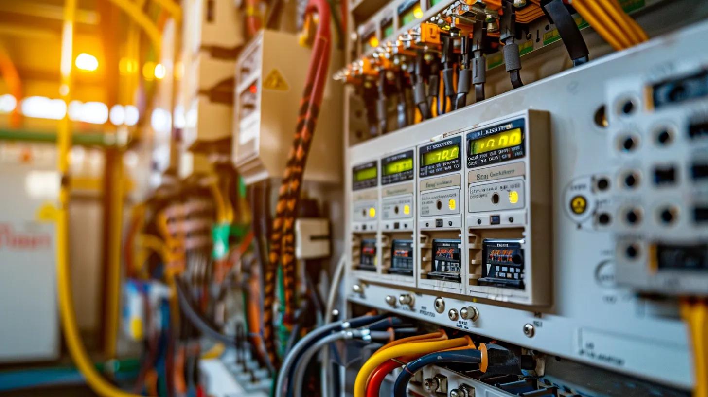 A clean, well-lit electrical panel with neatly organized wiring and labeled circuit breakers, set against a professional indoor background. Include elements like a digital multimeter, safety certification stickers, and warning signs for electrical testing. The scene should evoke professionalism, safety, and compliance, with a subtle nod to Birmingham through architectural or industrial design elements in the background. No people or animals.