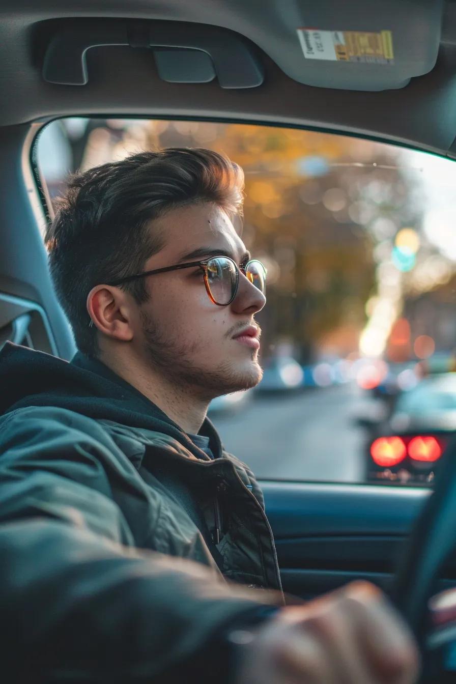 Young driver practicing defensive driving maneuvers in a city setting, emphasizing safety and awareness