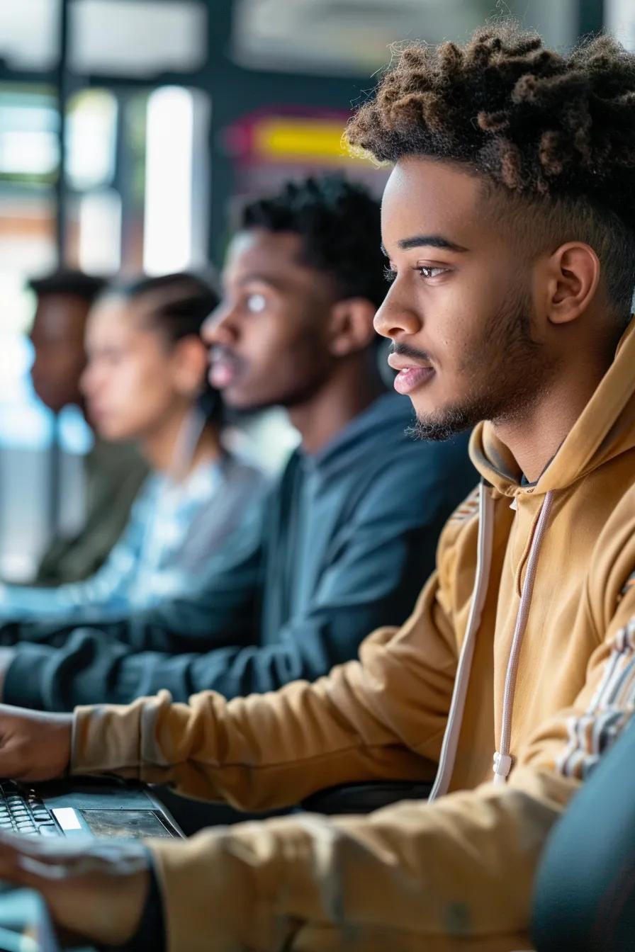 A diverse group of young adults actively participating in an online driving course, emphasizing an engaging and interactive learning experience