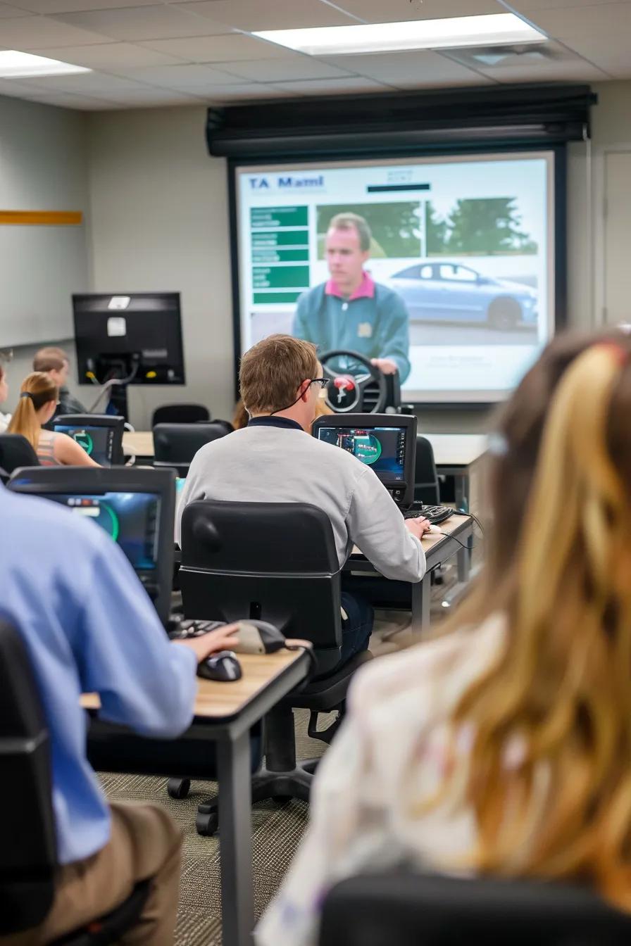 Image of students in a classroom setting learning about driver education, with an instructor at the front.